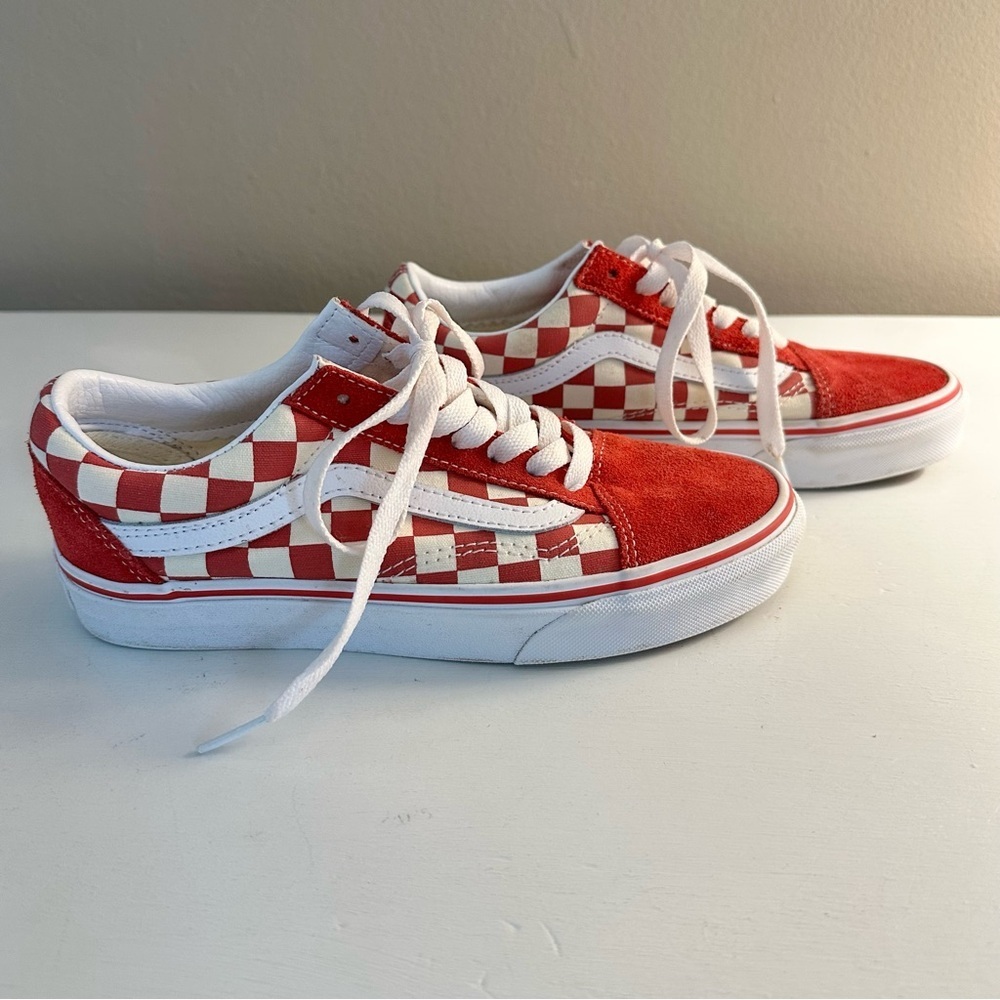 Vans Classic Red Checkerboard and Suede Old Skool Sneakers